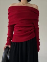 Autumn Winter Off Shoulder Women Sweaters Elegant Vintage Knitted Solid Jumper High Stretch Top Soft Chic Pullovers 2025 1
