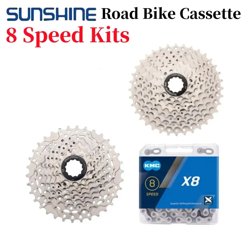 

SUNSHINE 8speed Road Bike Cassette 8Speed 11-28/30/32/34/36T Road Bicycle Freewheel with X8 Chain 8s chain for Road Bike Kit