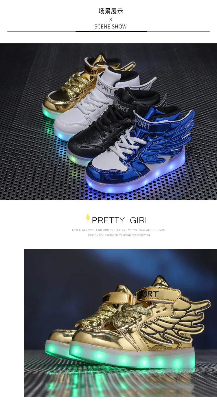 Luminous Wing Kids Sneakers USB Charge LED Illuminated Shoes Boys Girls Casual Sport Board Shoes for Older Children Lights Shoe