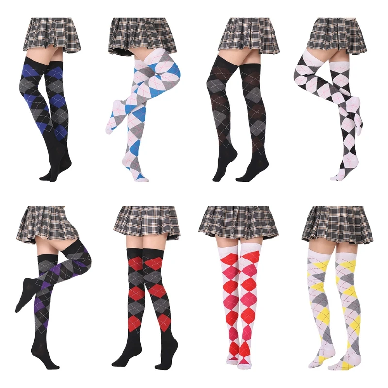 

Women Girls Student Thigh High Socks European College Vintage Colorful Argyle Plaid Pattern Stretchy Over the Knee T8NB
