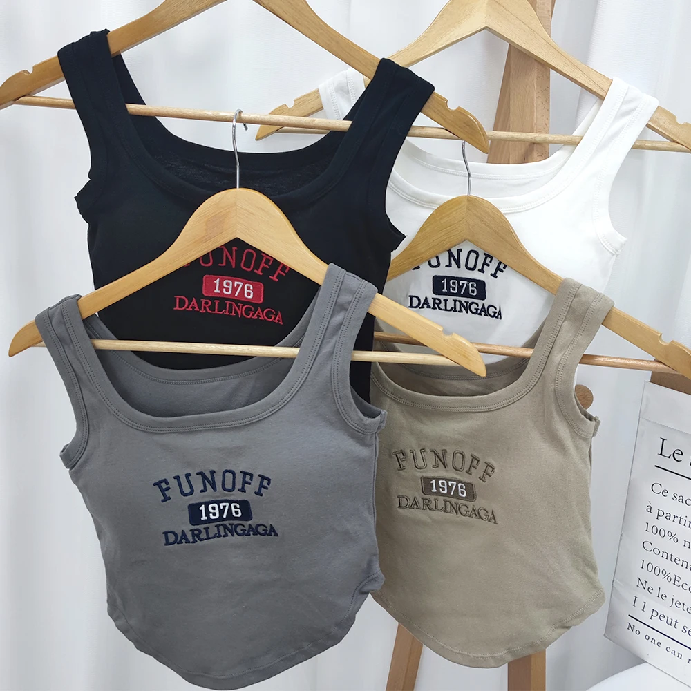

Women Crop Tops Fashion Letters Camisole Sexy Slim Irregular Hem Sleeveless Vest Super Short 1976 Embroidery Retro Sports Vest