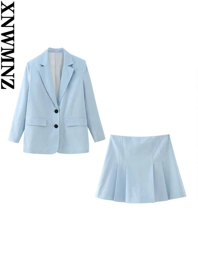 

XNWMNZ 2023 Women Fashion Oversize Straight Blazer or High Waist Box Pleated Skort High Street Female Chic Two-piece Set
