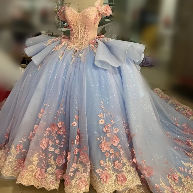 dresses 15th birthday Princess Girl Quinceanera 3D Flower Applique Ballgown Prom This will be absolutely Collar Type:OFF THE SHOULDER Leaf Lace Wedding Dresses Color:Picture Color-Champagne