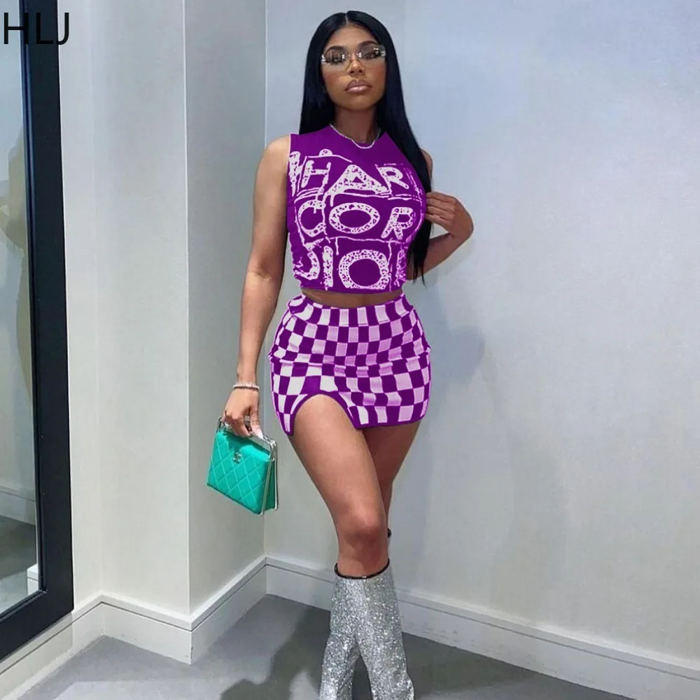 HLJ Fashion Plaid Print Mini Skirts Two Piece Sets Women Round Neck Sleeveless Crop Top And Skirt Outfits Female 2pcs Streetwear
