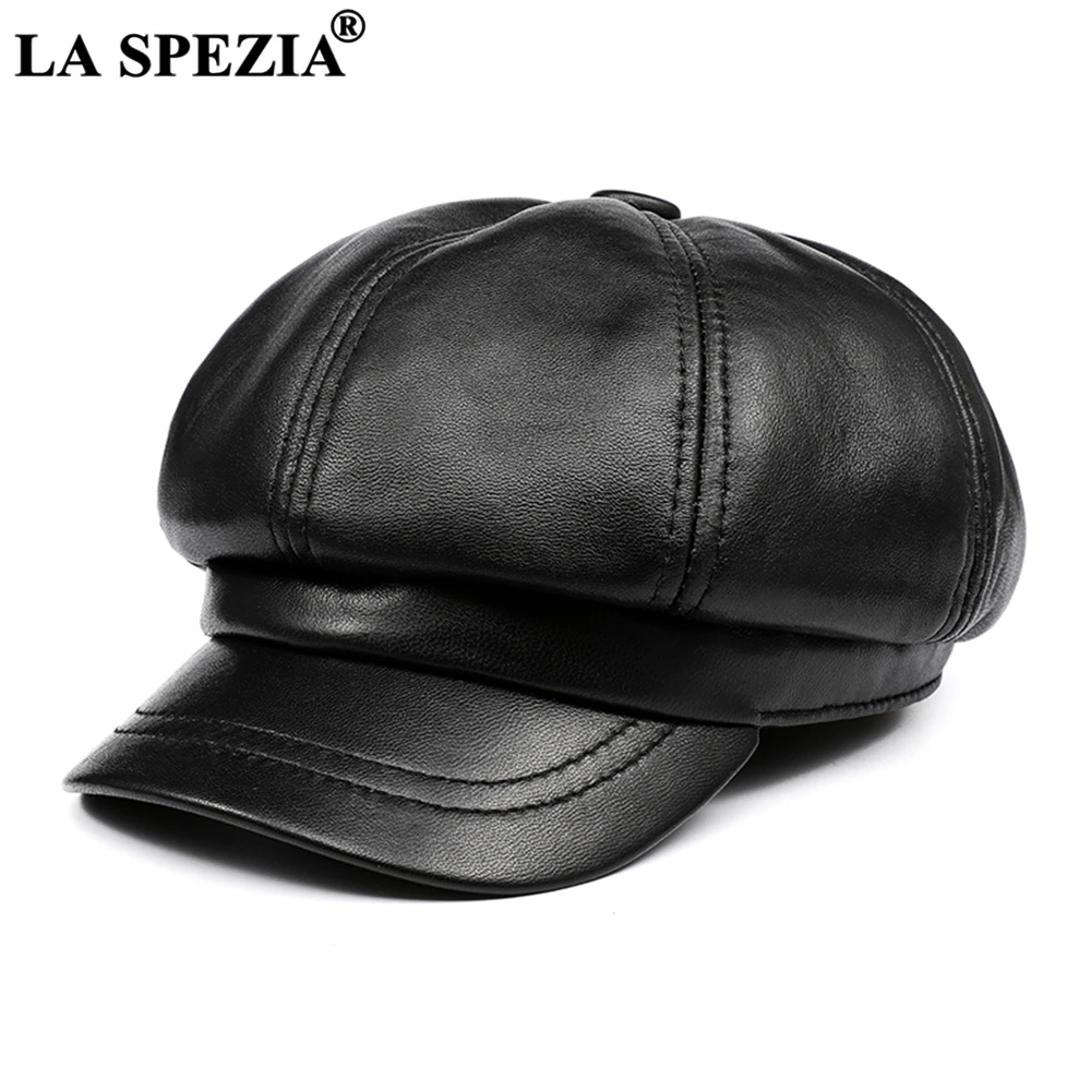 Real Leather Newsboy Cap Women Solid Baker Boy Cap Red Black Blue Pink Vintage Brand Ladies Winter Octagonal LA SPEZIA cotton newsboy cap