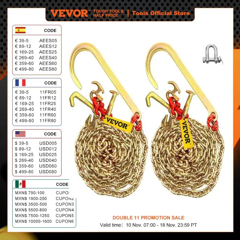 VEVOR J Hook Chain 5/16 in Bridle Adjustable Tow Chains w/ G80 Alloy Steel J-Hooks & T-Hooks 9260lb Break Strength for Trucks
