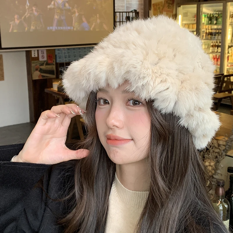 Fur Hats Real Rabbit Fur Fisherman's Hat Women Winter Warm Rabbit Fur Caps Soft Natural Hats Female Fashion Cap