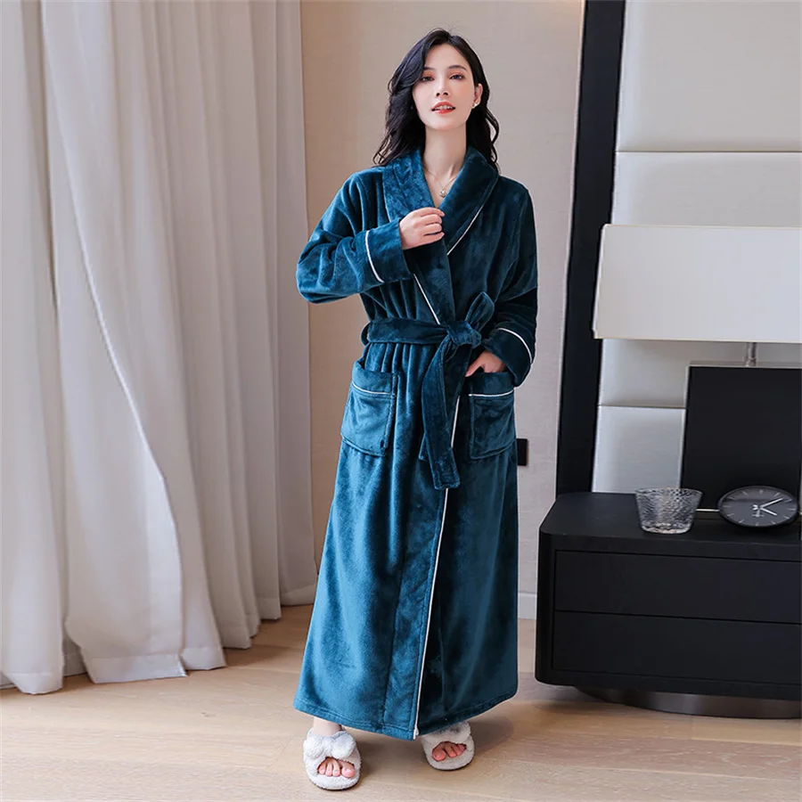 

2024 New Winter Warm Women Robe Long Night Gown Kimono Shower Robe Woman Sleepwear Thick Fluffy Flannel Bathrobe Homewear SPA