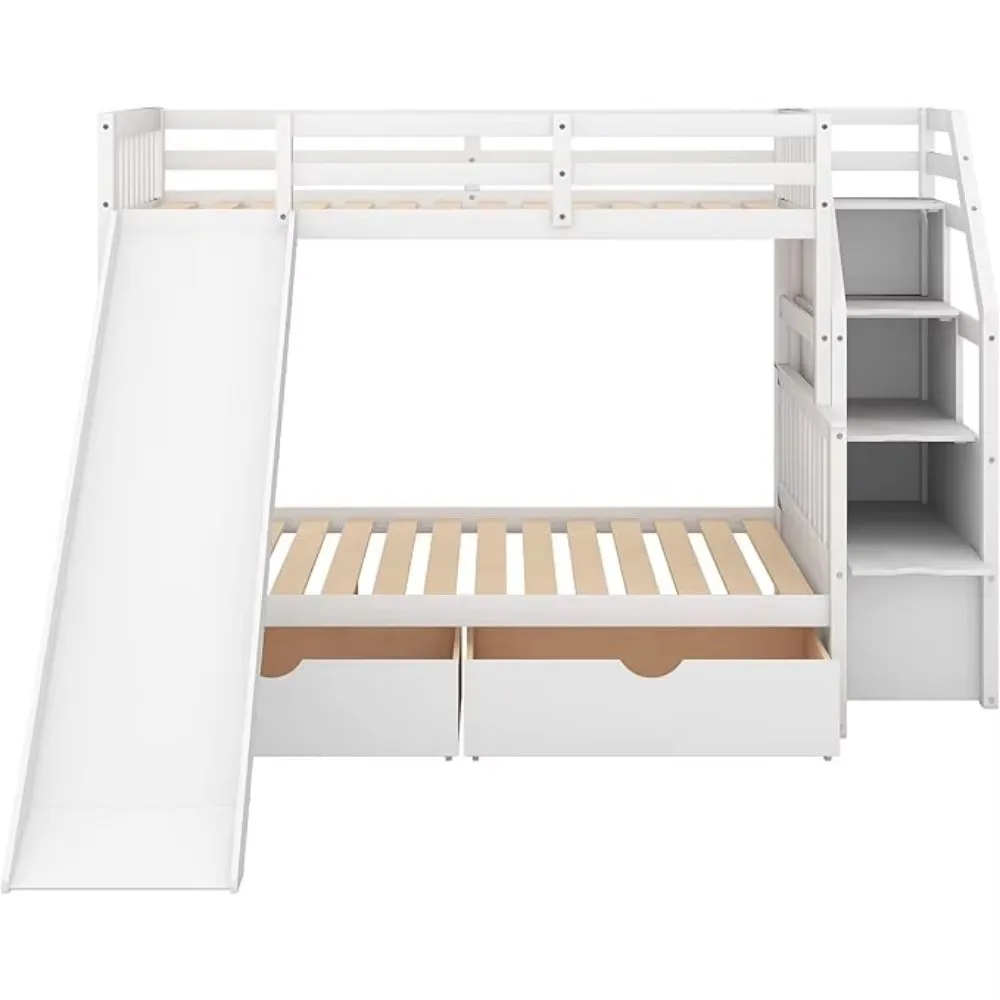 Twin Over Full Bunk Bed with Stairs and Slide, with Storage Drawers for Kids Girls Boys, Solid Wood Bunk Bed Frame 6