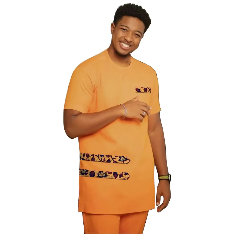 

African Traditinal Outfit Patchwork Tops With Solid Pants Orange Short Sleeves Men Sets Tailored Nigerian Groom Suit