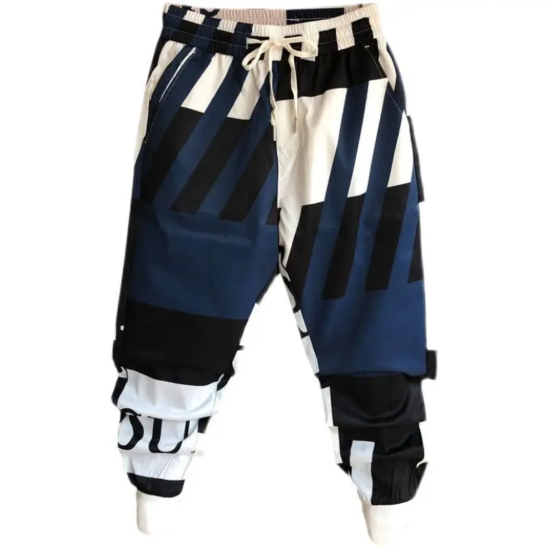 Men Jogger Pants Loose Young Style Streetwear Elastic Waist Printing Patchwork Lacing Spring Summer