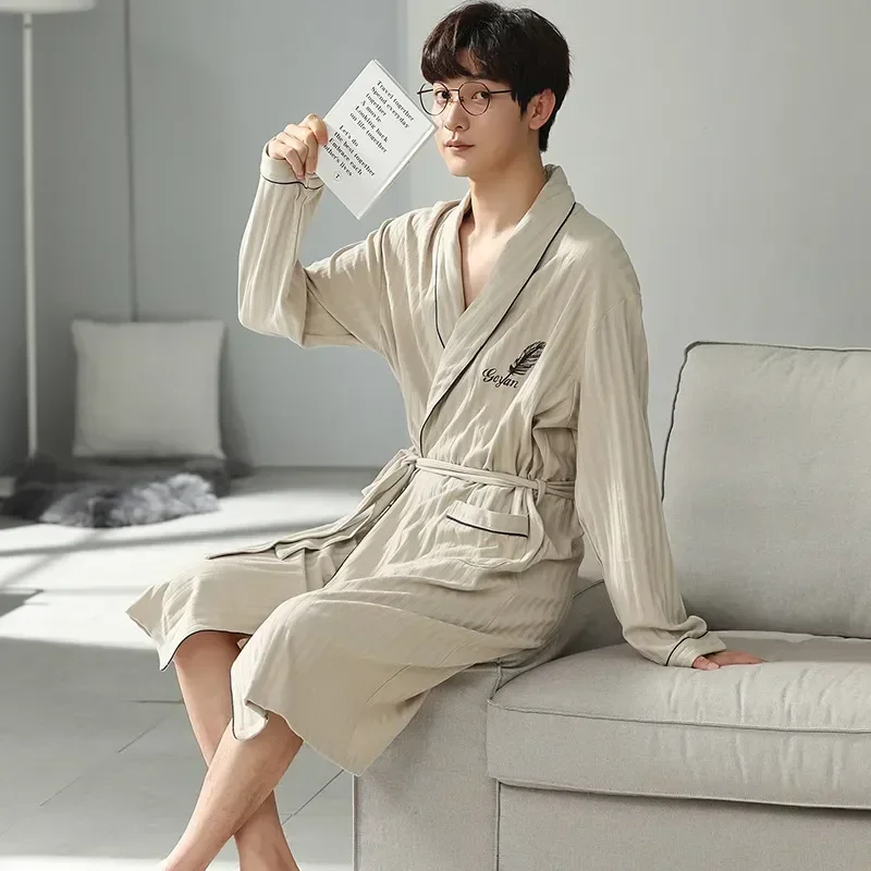 

Cotton Nightwear Pit Robe Pajamas Pyjama Sleepwear Clothes Lounge Printing Stripe Autumn Men Male Wear Bathrobe Home Gown