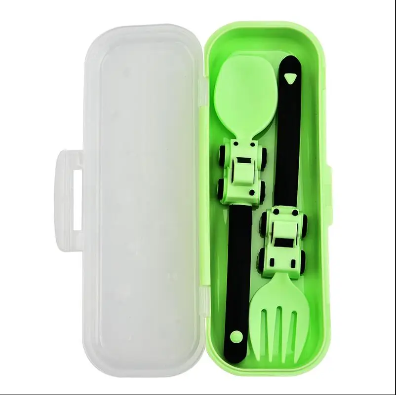 Learning Spoons Fork Spoon Set Baby Cutlery 7 colours Children Cute Cartoon Racing Fork And Spoon Set Baby Children Cartoon Fork Spoon Self-feeding Tableware Easter Gift
