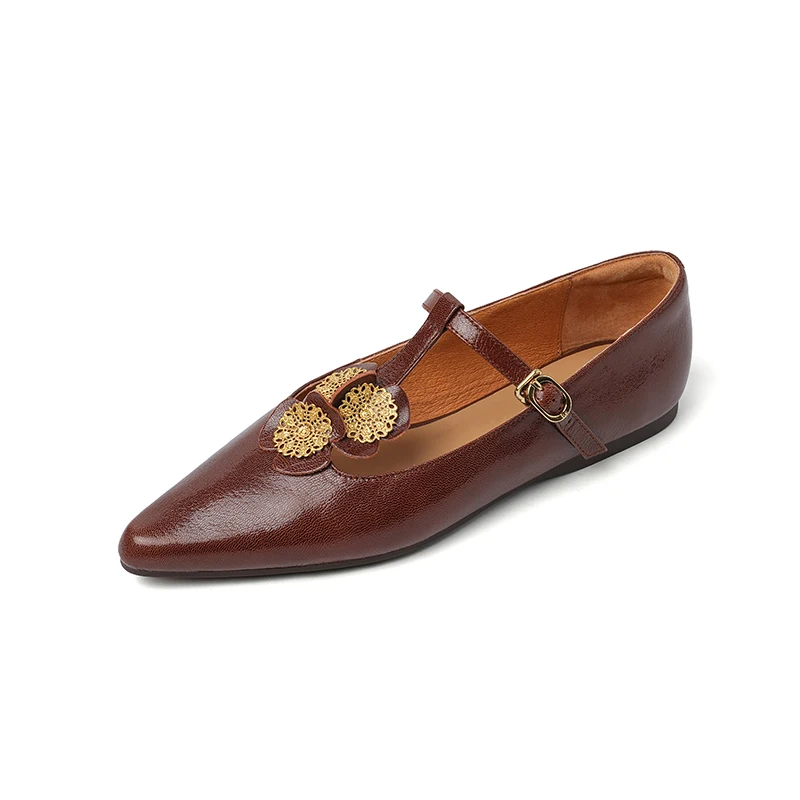 

Genuine leather retro style pointed toe shallow mouth comfortable flat heel T-strap flower decoration women's shoes