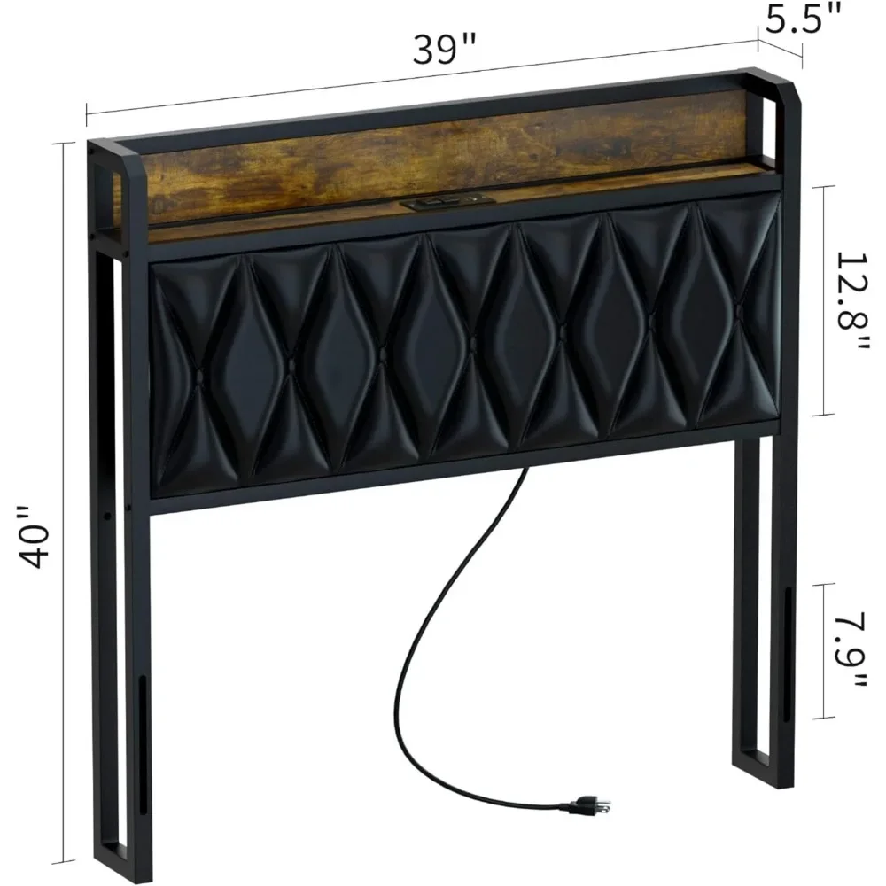 Twin Size Headboard with Charging Station, USB & Type C Port, Upholstered Twin Size Storage Headboard