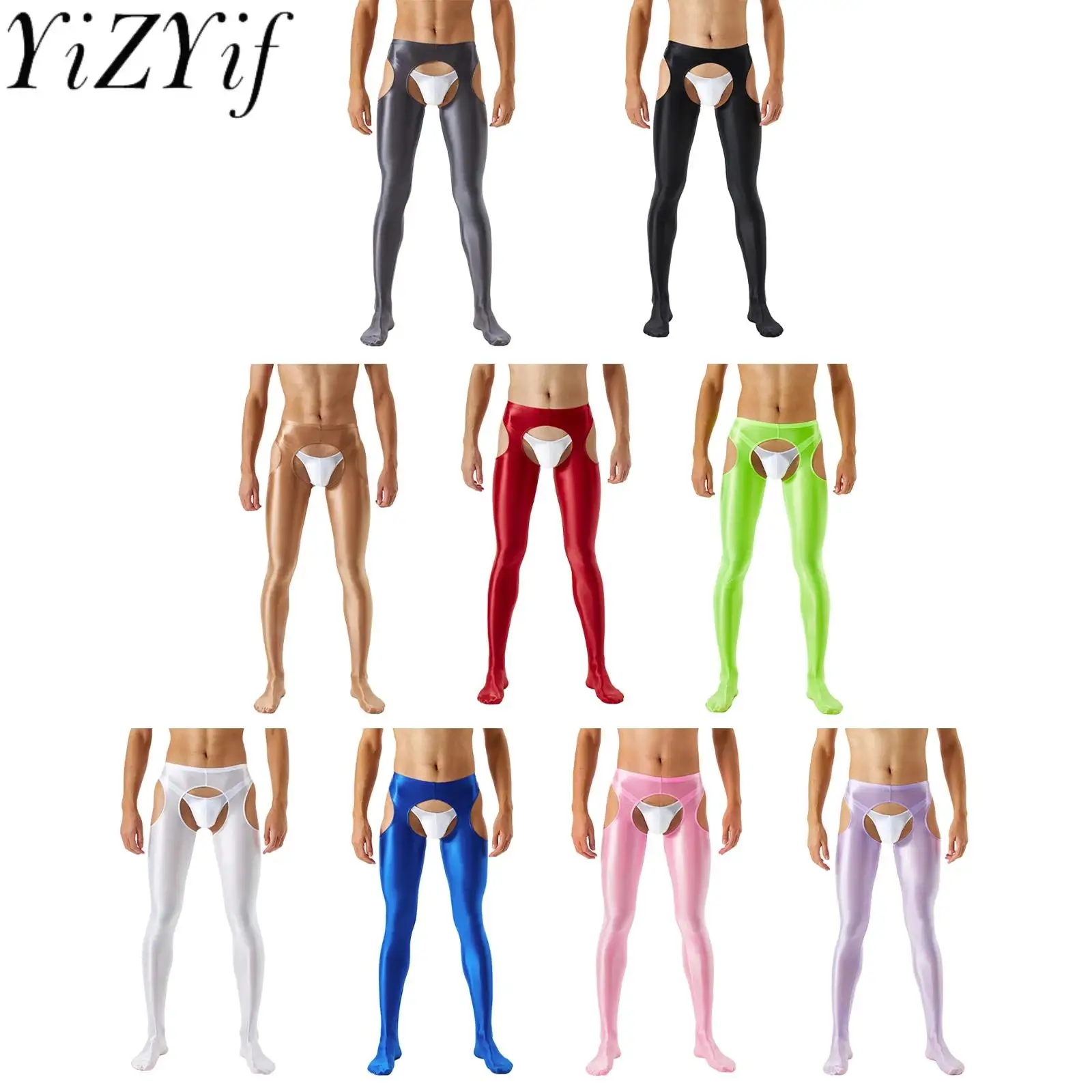 

Mens Glossy Crotchless Pantyhose Cutout Mid Waist Tights Elastic Waistband Skinny Pants Leggings Stockings Hollow Out Nightwear