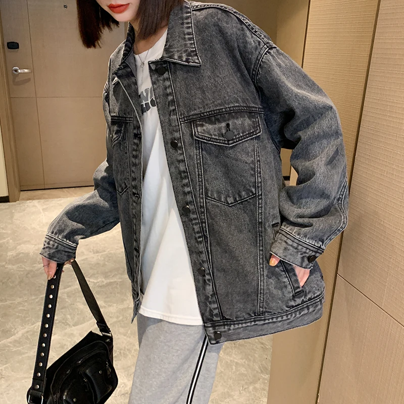 

2022 Autumn New Simple Lapel Washed Loose Medium Length Smoky Grey Denim Coat Women Free Shipping