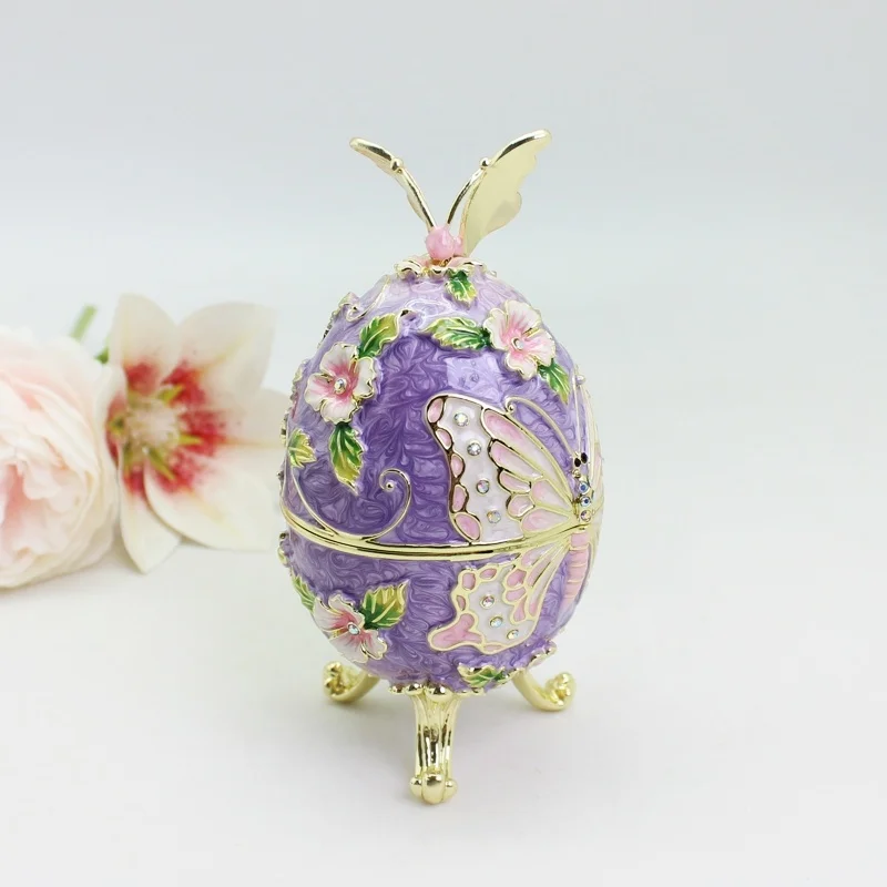 SHINNYGIFTS Schmetterlings-Osterei-Schmuckkästchen im Faberge-Ei-Stil mit Scharnier, Schmuckschatulle aus Metall für Heimdekoration, Ostergeschenke – Detail 4