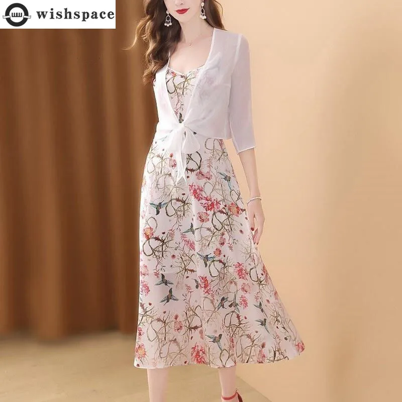 Chiffon Sling Dress Spring/Summer Mid Length 2023 New Korean Version Slim and Age Reducing Ladies Two Piece Skirt Set