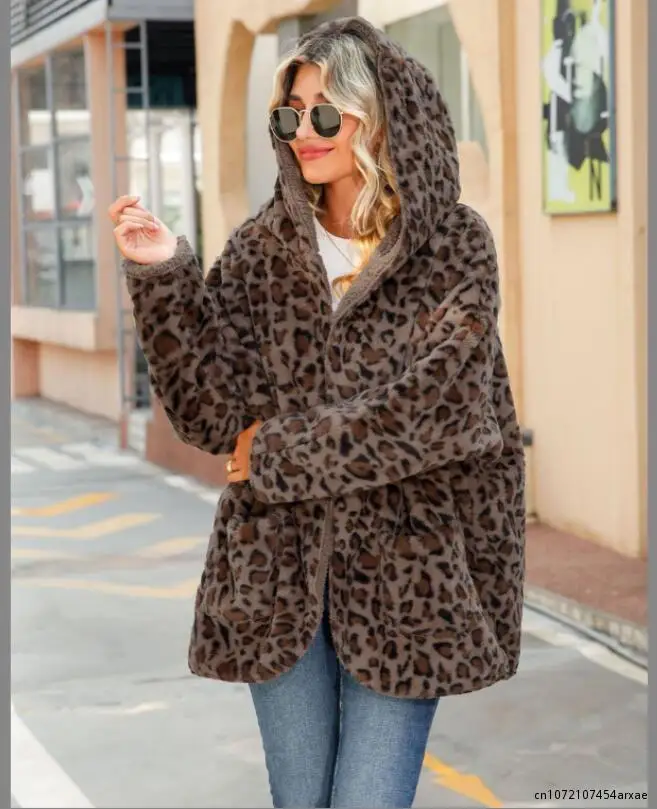 

Women Leopard Print Faux-fur Jacket Gilet Long Sleeve Waistcoat Body Warmer Furry Faux Jacket Coat Hooded Outerwear