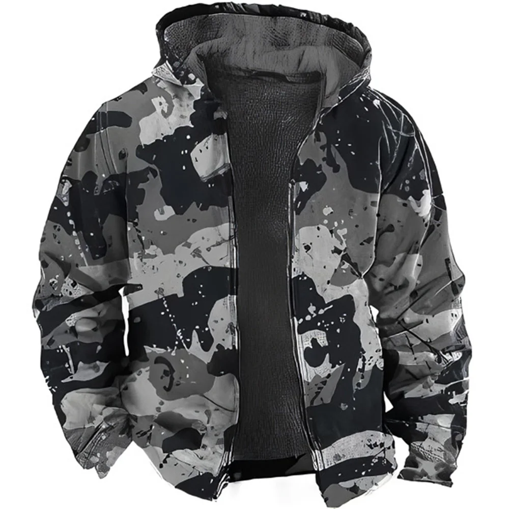 

Autumn Winter New Zipper Hoodies for Men Long Sleeve Fleece Hood Jackets Sweatshirts Camo Print Casual Outerwear Hooded Zip-up