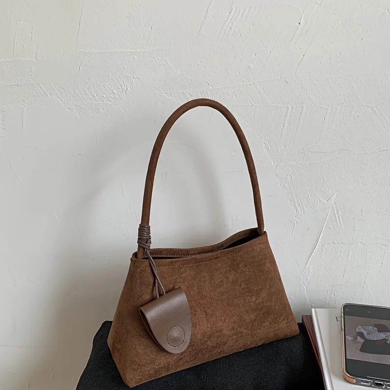 Women's Elegant Retro Tote Bag Suede Fabric Shoulder Bag Solid Brown Hand with Zipper Closure Durable & Fixed Strap Phone Makeup