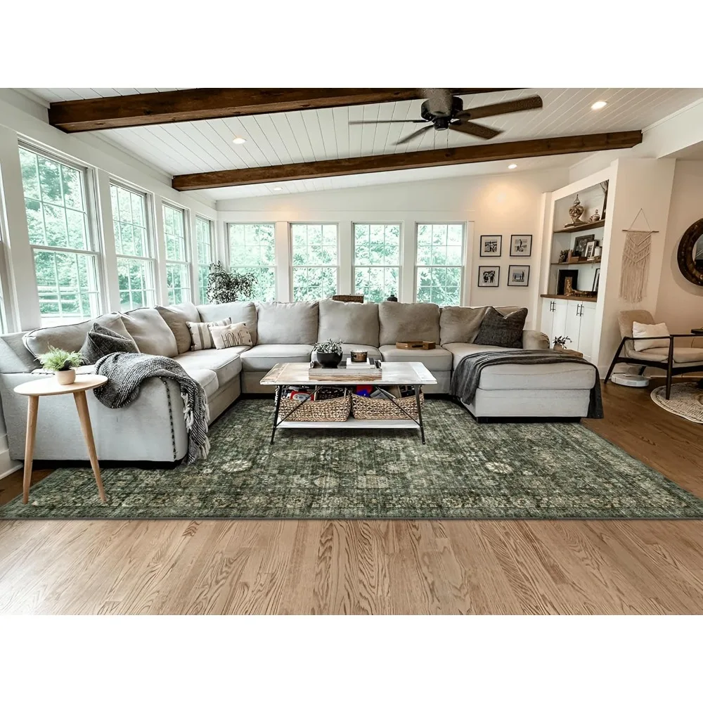 Morebes Vintage Green Living Room Rug, 9x12 Area Rug Washable Boho Rugs for Bedroom, Soft Dining Room Carpet Non-Slip Non