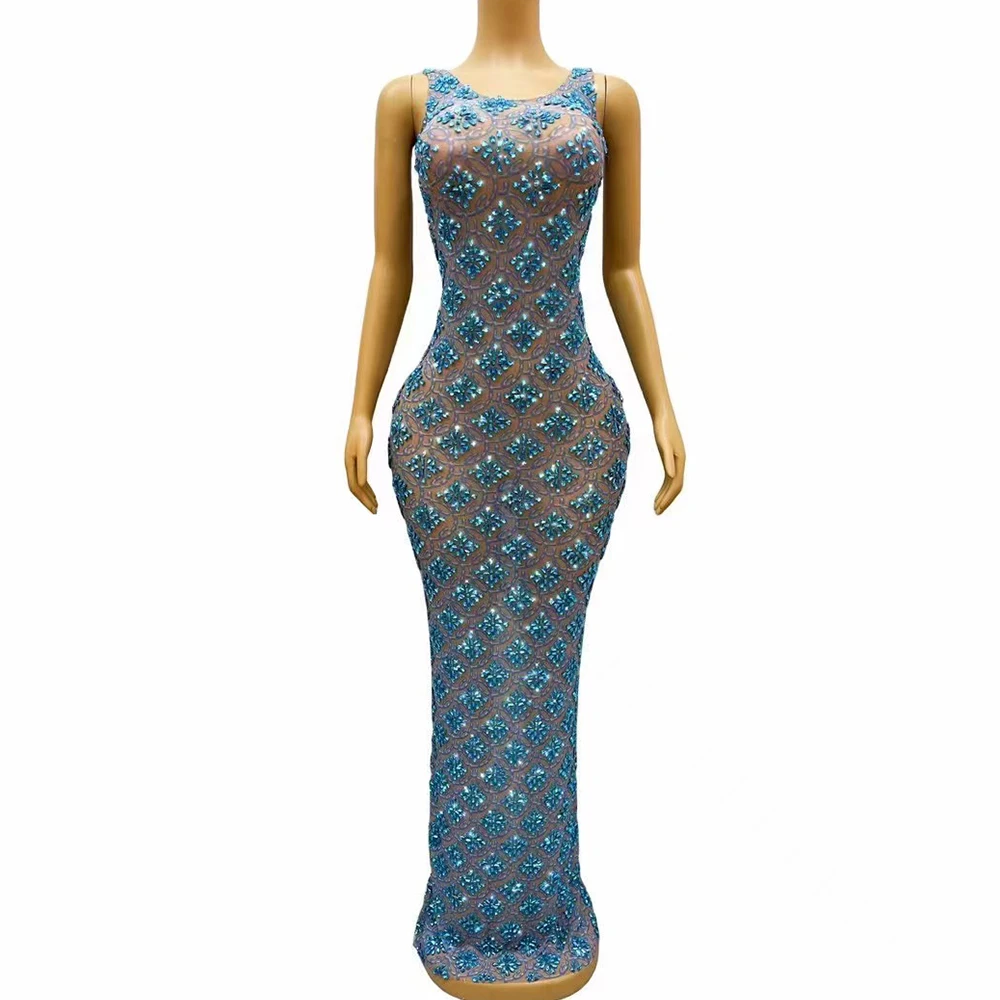 

Sexy Stage Flashing Evening Birthday Celebrate Blue Rhinestones Sleeveless Transparent Dress Floor-length Photoshoot Costume