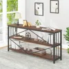 Walnut Low Wide Bookcase, Vintage 63 Inch Long 3 Tier Open Book Shelf, Farmhouse Big Wood Metal Sturdy Bookshelf Display Case, 2