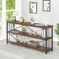 Walnut Low Wide Bookcase, Vintage 63 Inch Long 3 Tier Open Book Shelf, Farmhouse Big Wood Metal Sturdy Bookshelf Display Case, 2