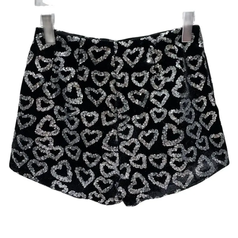 

2023Autumn New Black Velvet Love Sequin Short Fashion Classic Retro High Waist Sexy Shorts Runway Y2K Women High End Clothing