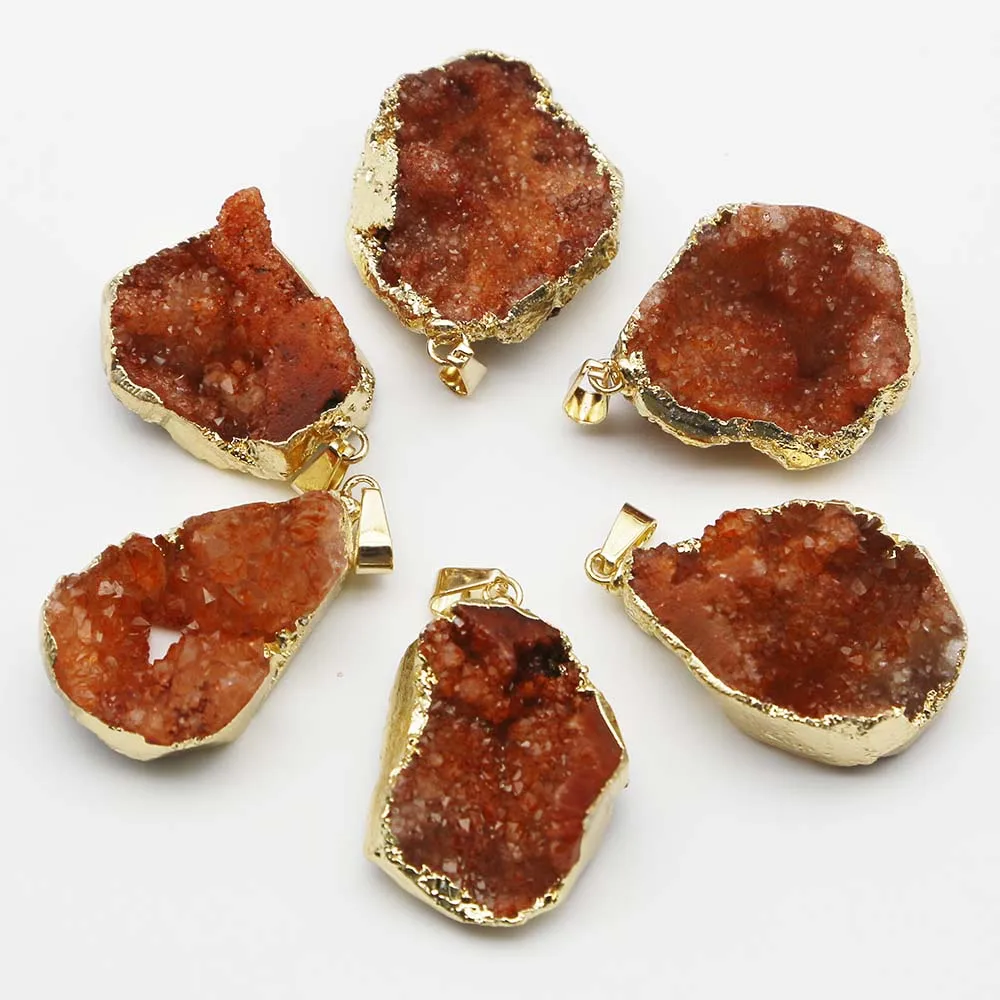 

Natural Raw Ore Stone Druzy Orange Irregular Onyx Agate Gilt Edge Pendants Necklace Fashion Reiki Charms DIY Jewelry Making 6Pcs