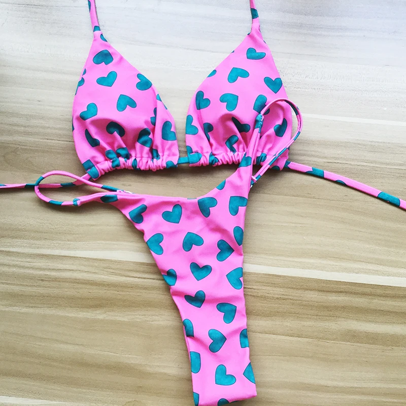 QINJOYER Cute Heart Print Bikini Women Brazilian Swimwear 2 Pieces Swimsuit Sexy Thong Bikini Bathing Suits Summer Beach Wear sexy bikini set Bikini Sets