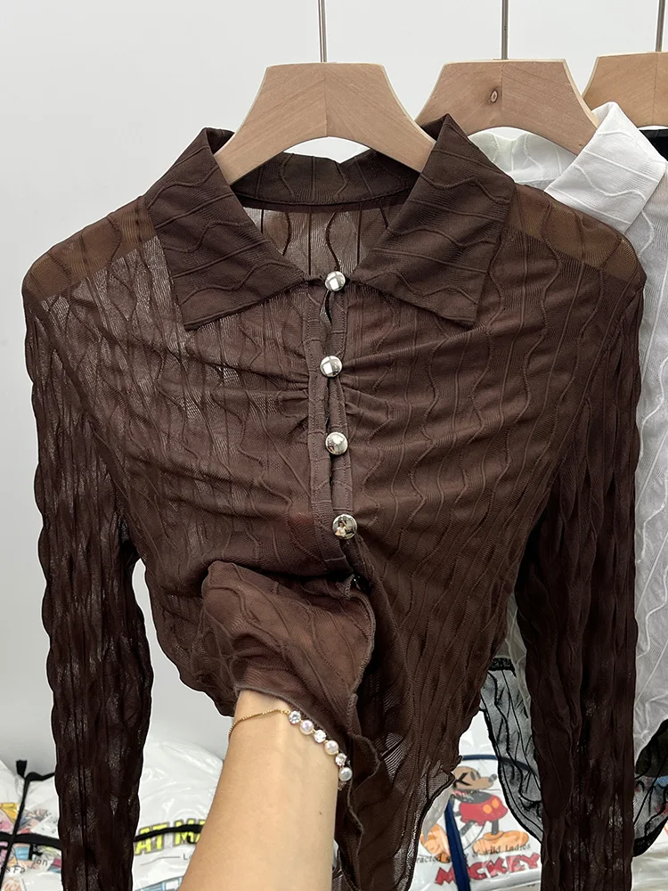 

Fashion Blouse 2023 Perspective Sexy Retro Thin Long Sleeve T-Shirt Tops Women's Elegant Blouses Shirts and Blouses Vintage