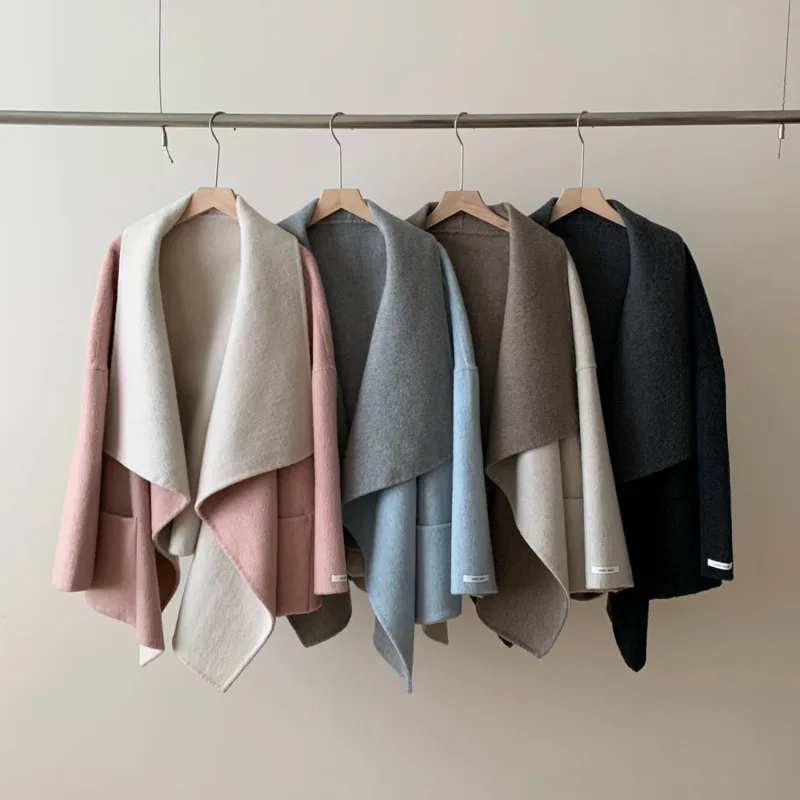 LANMREM Two-tone Shawl Collar Buttonless Drop Shoulder Mid-length Bathrobe Style Reversible Women's Double-faced Woolen Coat New - Image 6