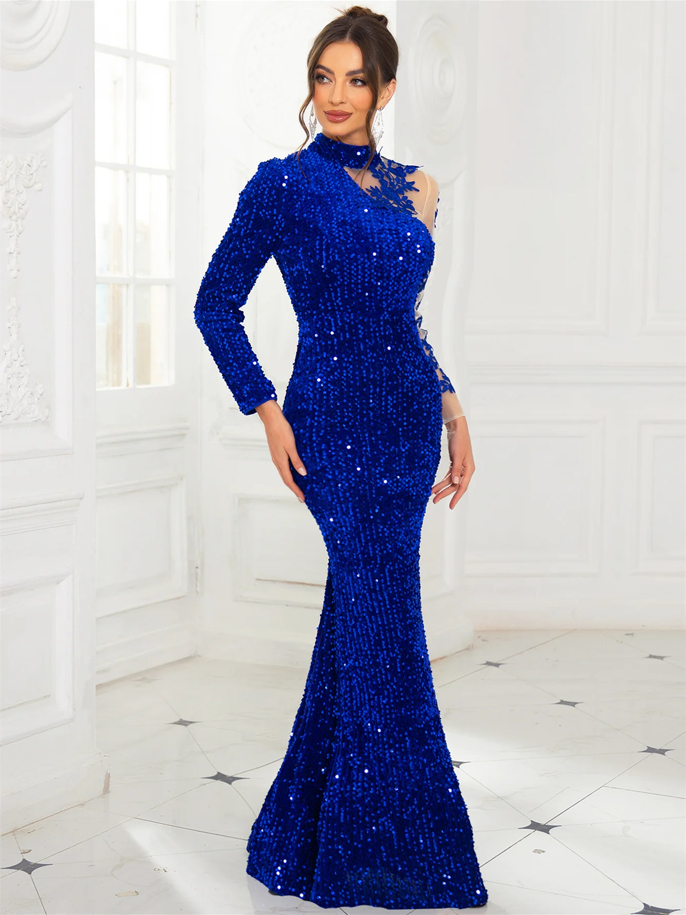 الأزرق الملكي كامل الأكمام الدانتيل الأزهار البراق...