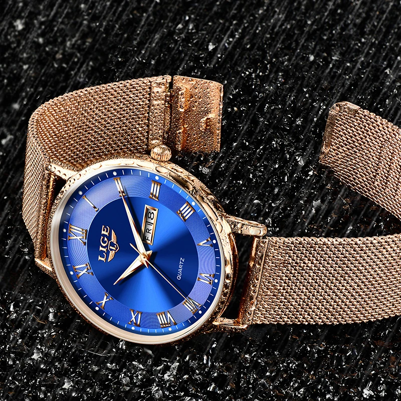 Elegant LIGE Women's Ultra-Thin Quartz Bracelet Watch with Date Display