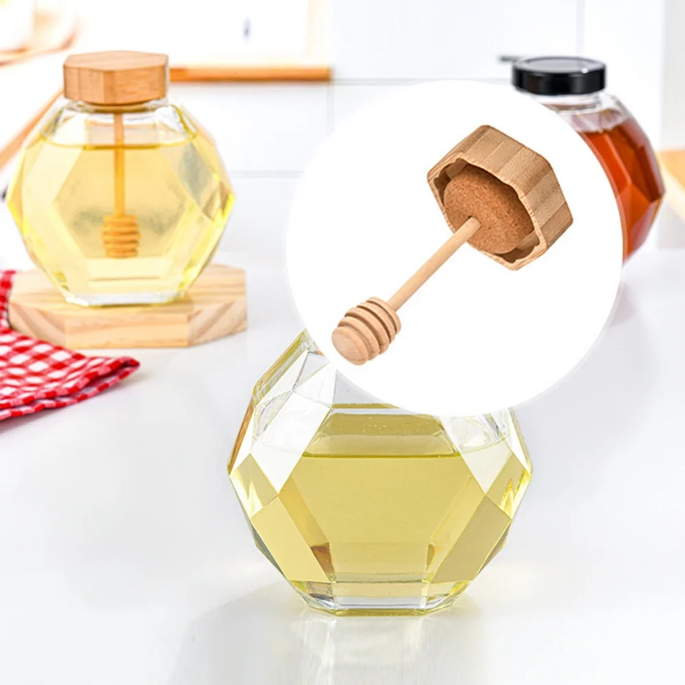 Hexagonal Glass Honey Bottle with Wooden Stirring Rod Honey Packaging Bottle Small Honey Bottle Container Honey Jar Storage Can 2