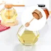 Hexagonal Glass Honey Bottle with Wooden Stirring Rod Honey Packaging Bottle Small Honey Bottle Container Honey Jar Storage Can 2