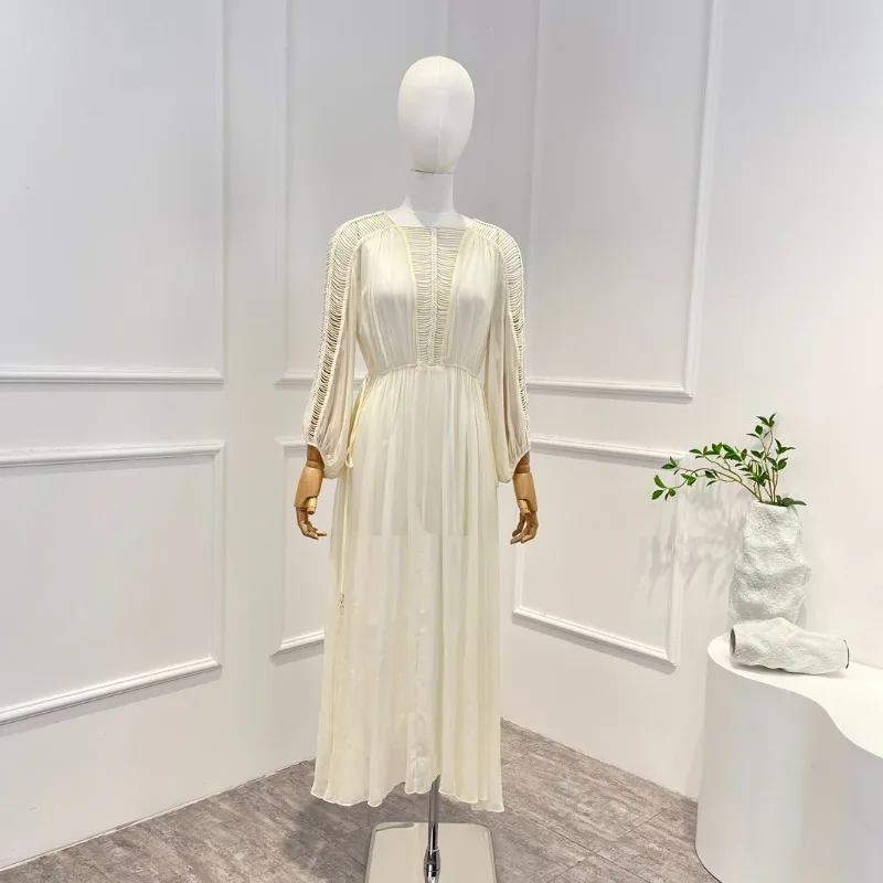 

2023 Spring Summer Vintage Beach Style White Silk A-line Square Collar Hollow Out Long Sleeve Beige Midi Dress