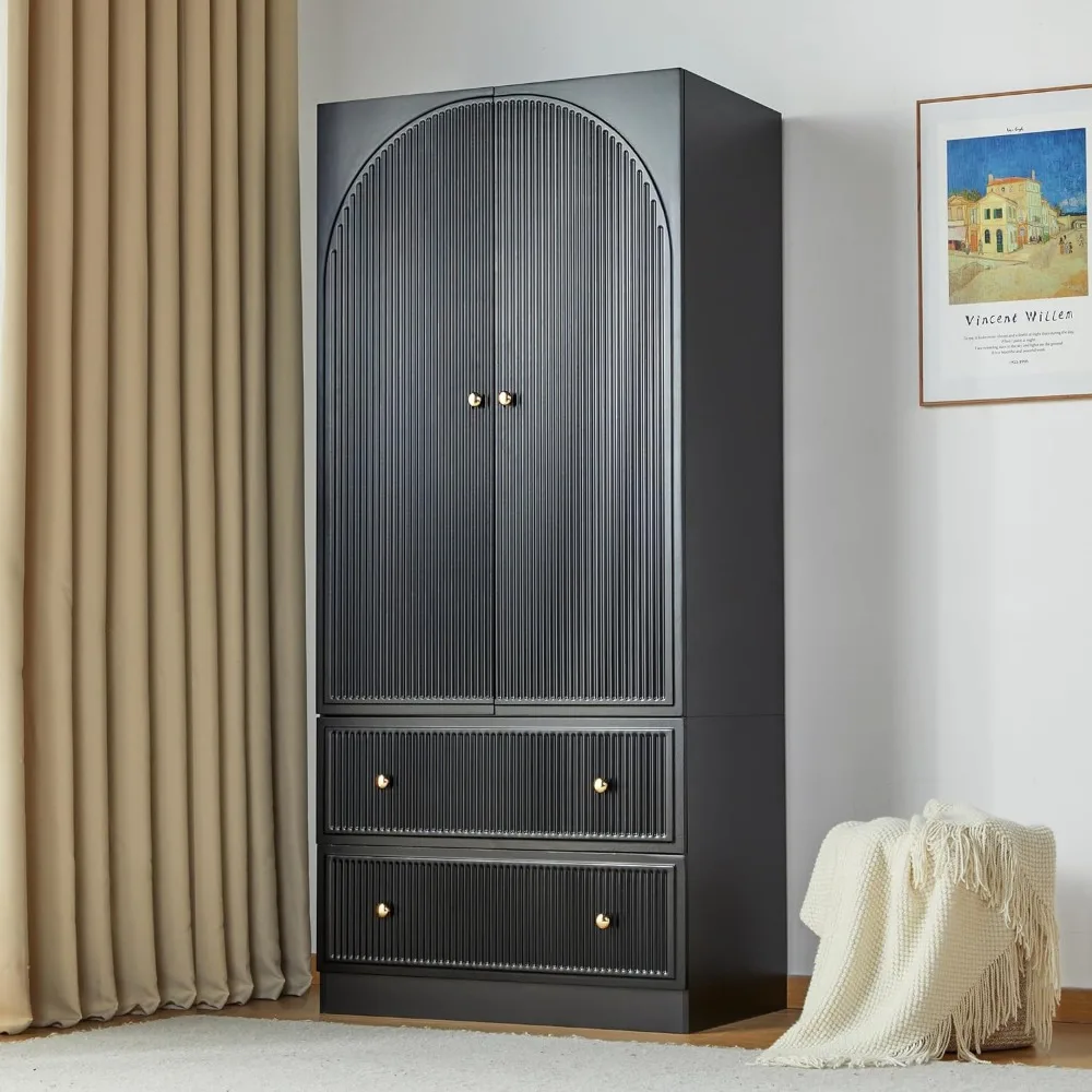 

2 Door Freestanding Wardrobe, Large Capacity Wardrobe with 2 Storage Drawers, Hanging Rod, Bedroom Wooden Wardrobes Armoire