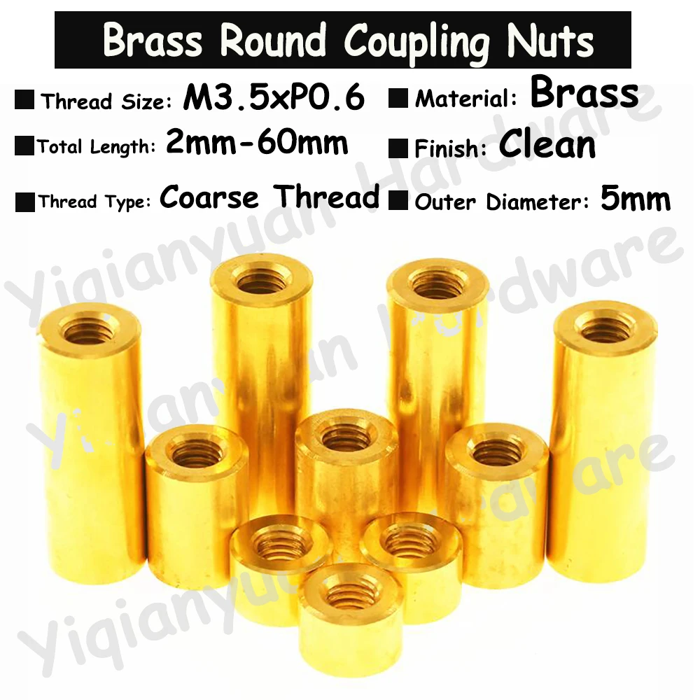

2Pcs-10Pcs M3.5xP0.6 Coarse Thread Brass Extend Long Lengthen Round Coupling Nut Connector Joint Sleeve Nuts Copper Round Nut