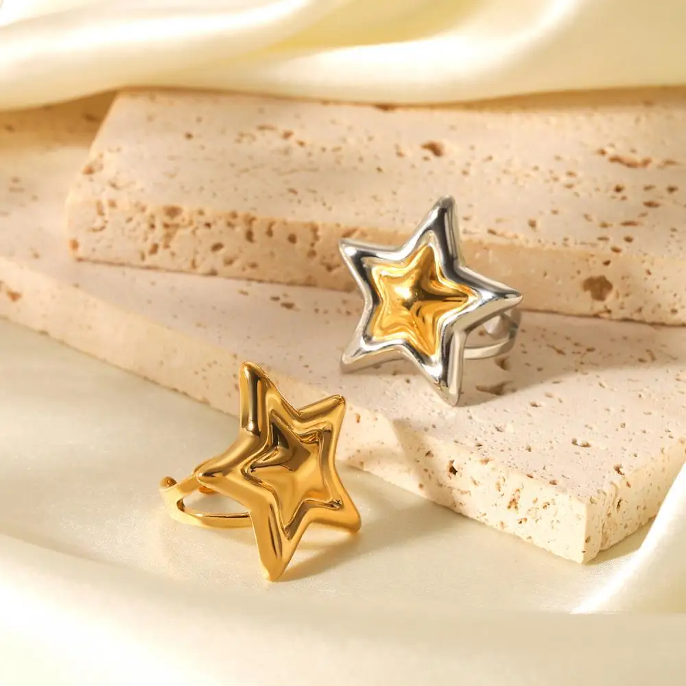 Huangchao Halsketten-Ring-Set mit fünfeckigem Anhänger aus Edelstahl für Damen, 18 Karat vergoldeter Schmuck, hochwertige Stern-Ring-Halskette – Detail 4
