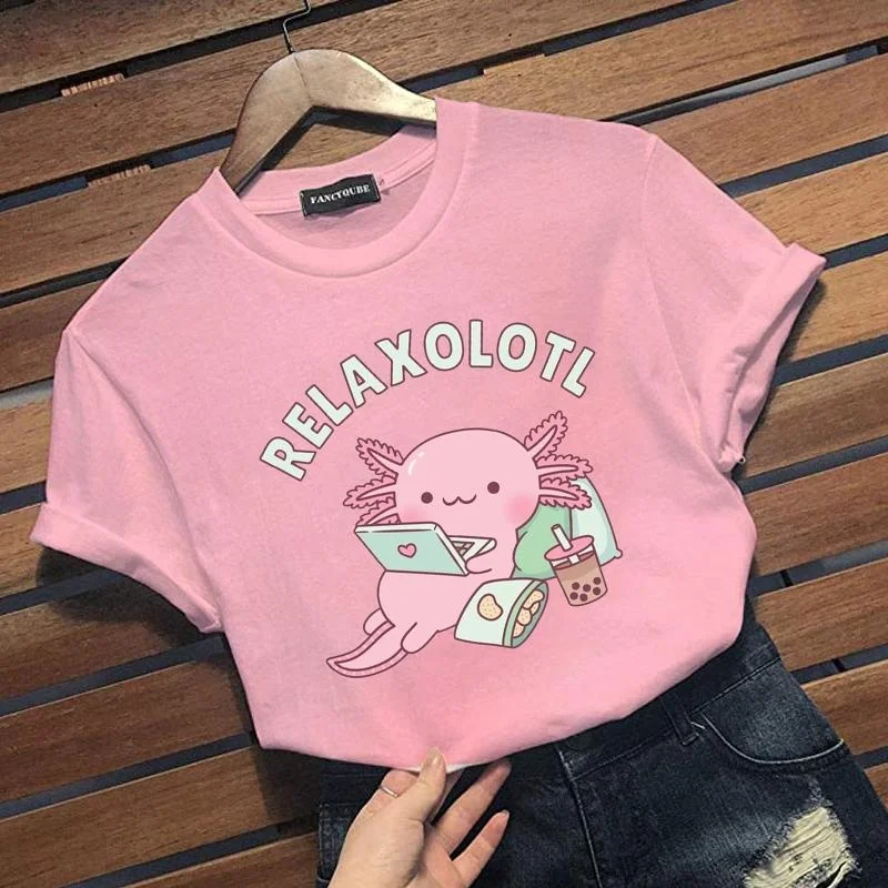 

New Personalized Creative Axolotl Graphic Print T-shirt Cute RELAXOLOTL Harajuku Casual Loose Short-sleeved Shirt