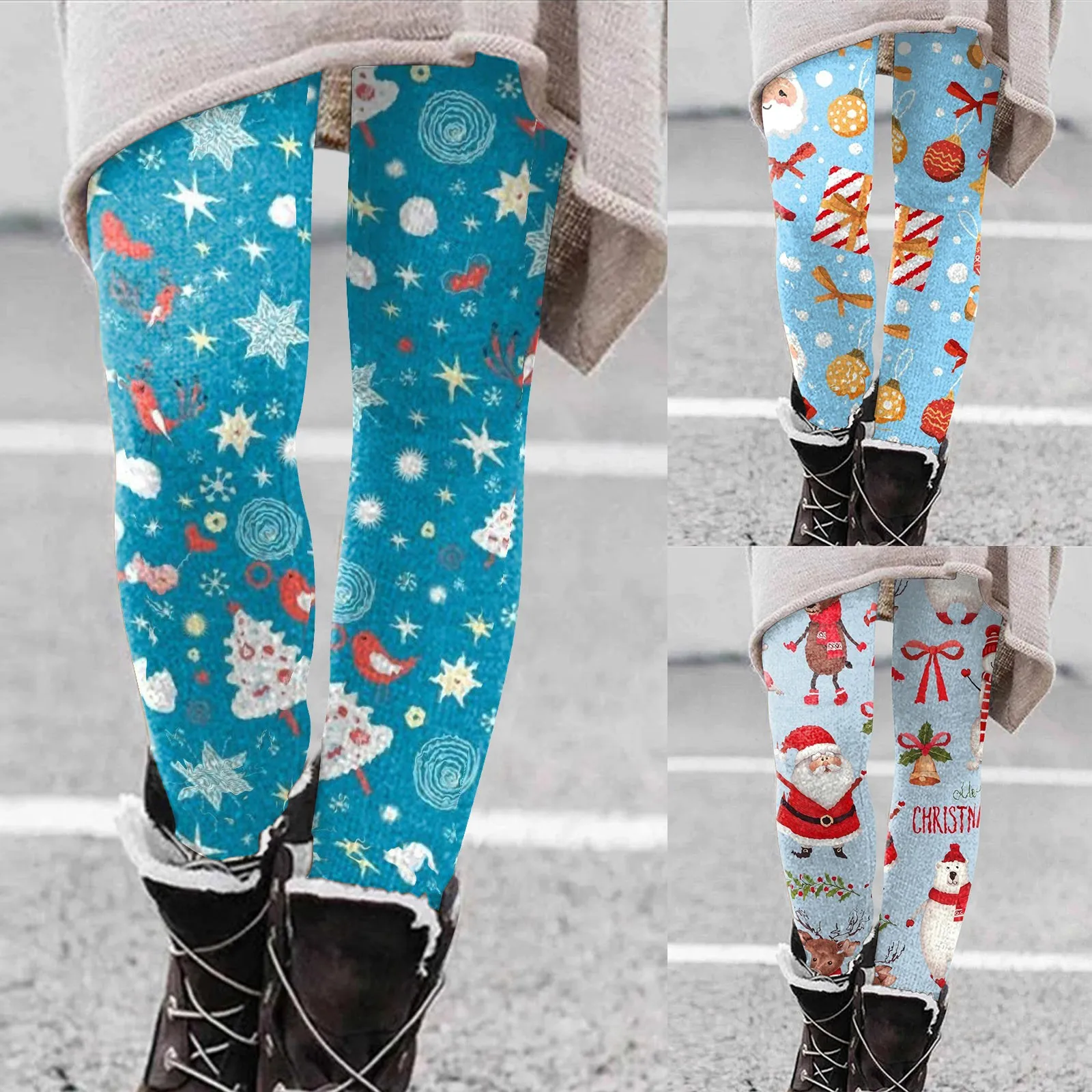 Women's Fashionable Comfortable Slim Merry Christmas Santa Snowflake Gift Printed Casual Pants Leggings