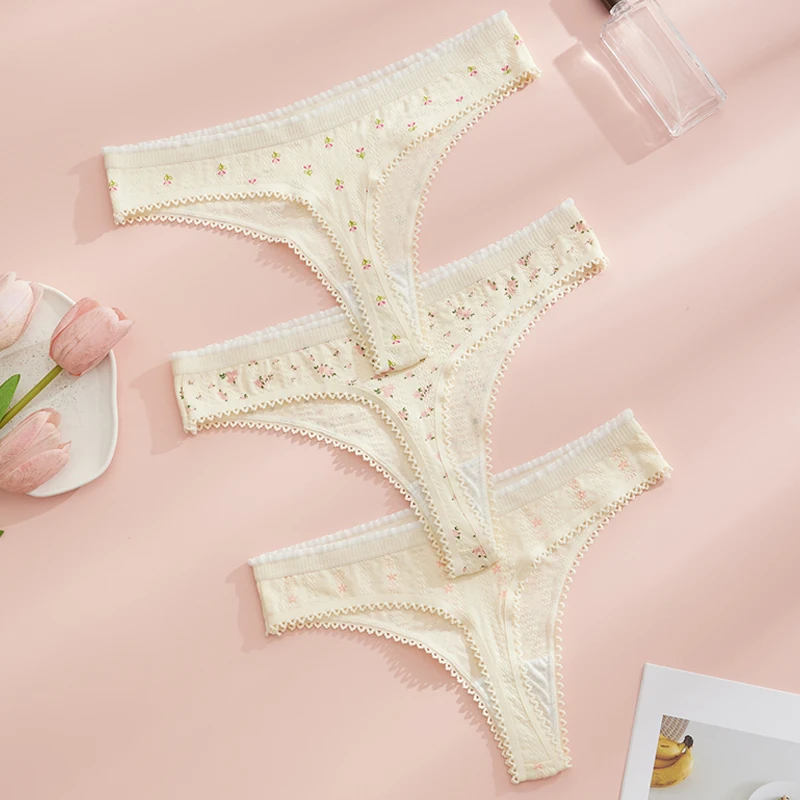 3 Pcs Fashion Cute Print Panties For Women Thongs Cotton Elastane Spring Summer Soft Lingerie Bow