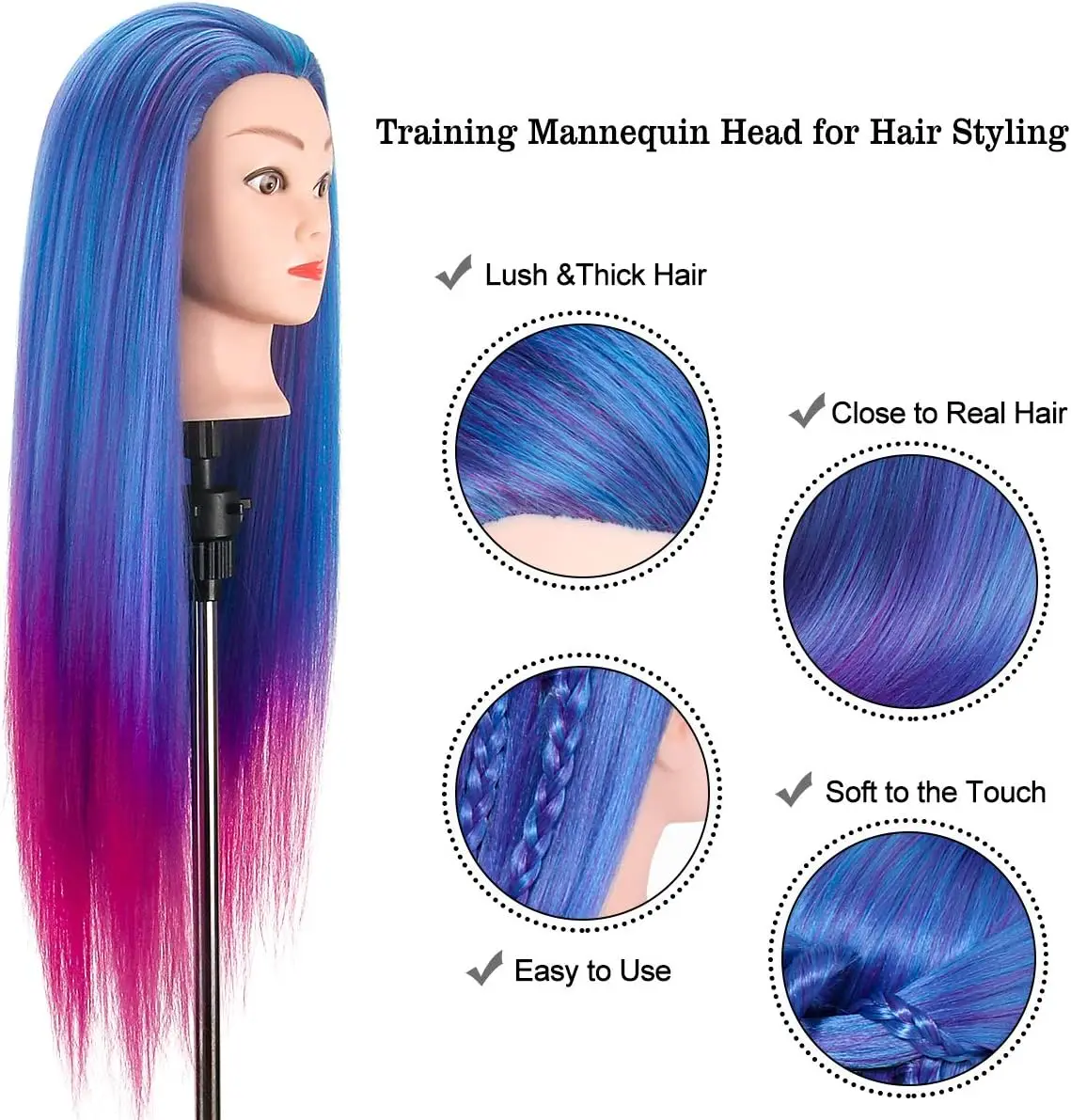 70cm Hairdressing Training Mannequin Head With Long Synthetic Hair, Manikin Head Training Head, Doll for Braiding Practice