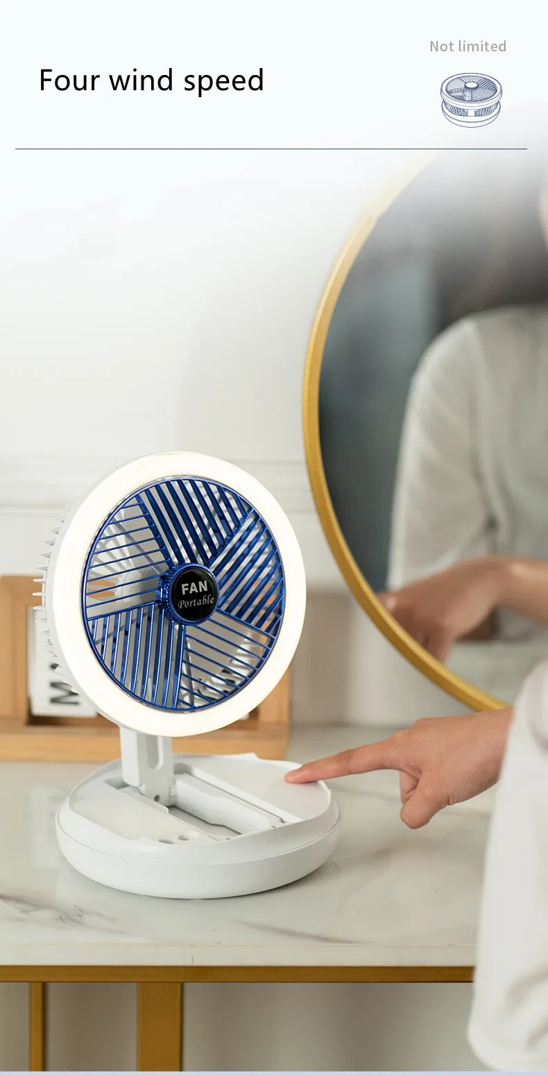 USB Charging Foldable Table Fan Wall Mounted Hanging Ceiling Fan with LED Light 4 Speed Adjustable For Home Room Air Cooler Fan