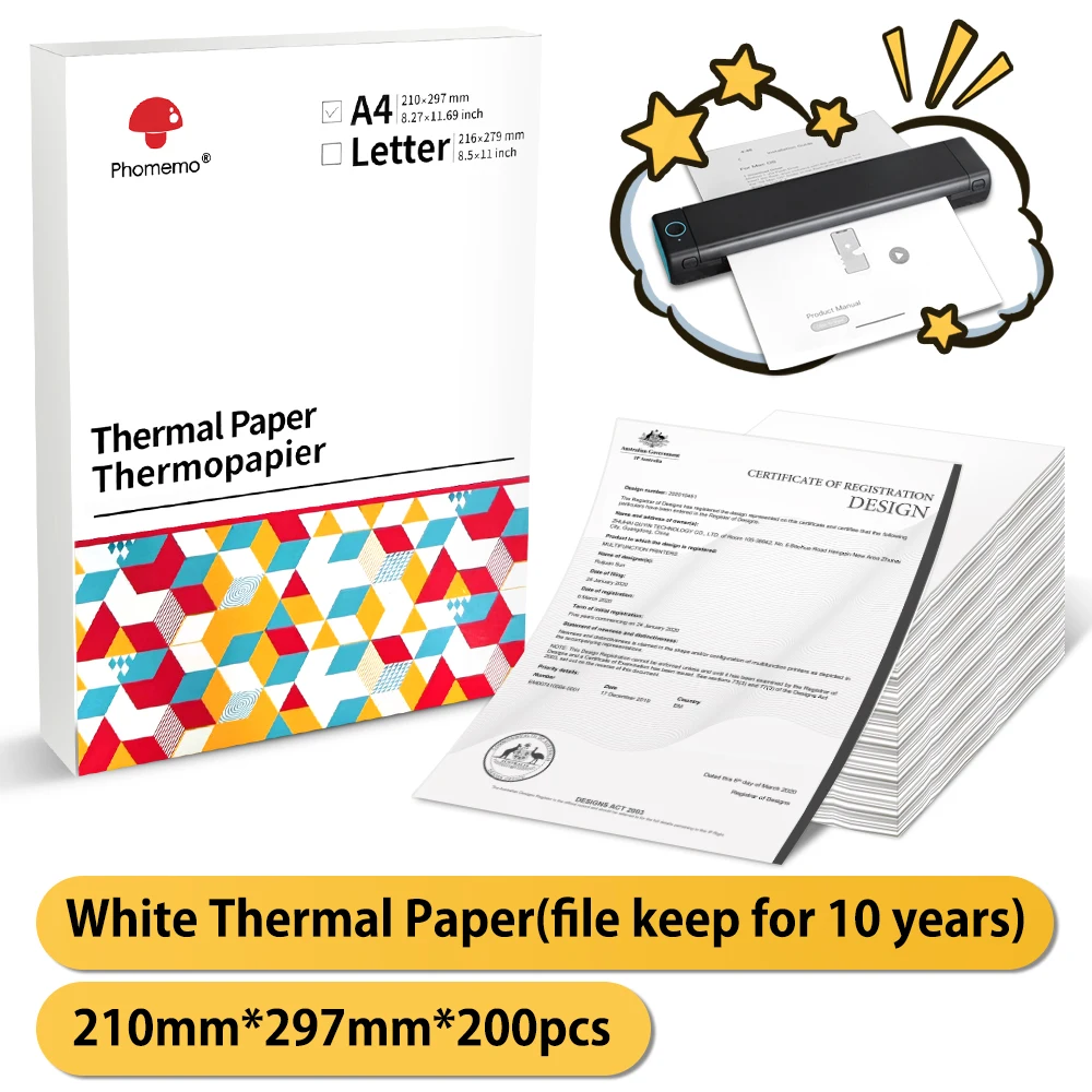 Phommemo A4 carta termica compatibile carta termica per phommemo M08F stampante  termica portatile A4 per, carta per stampante, 200 fogli