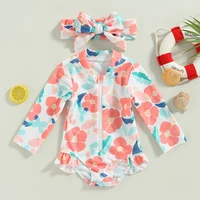 Toddler Girls Summer Swimsuit Long Sleeve Floral Print Swimwear Kids Bathing with Headband Beach Pool Swimming Suit 1